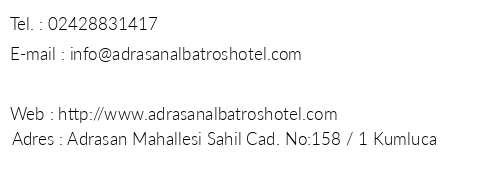 Adrasan Albatros Hotel telefon numaralar, faks, e-mail, posta adresi ve iletiim bilgileri